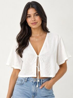 blue island White Tie-Front Flutter Sleeve Crop Top